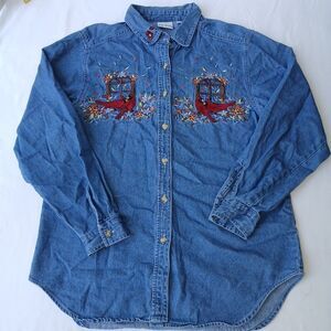 Bobbie Brooks Christmas Sz M Embroidered Cardinals Long Sleeve Button Up Shirt